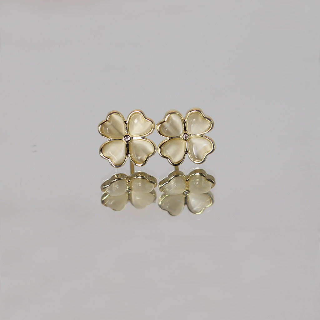 Cat's Eye Stone Stud Earrings in Four-Leaf  Clover Design Gold Tone | HeartfullNet