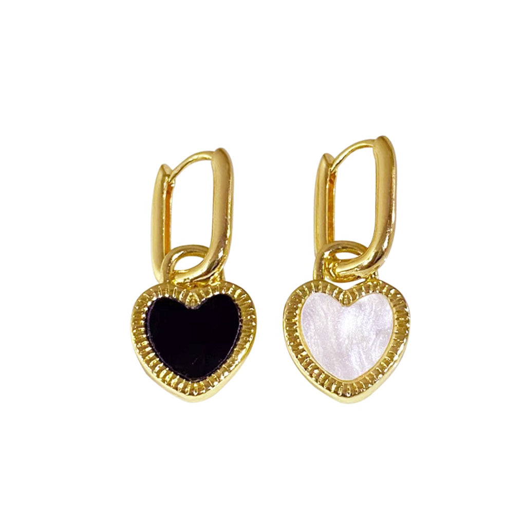 Double Sided Black and White Heart Shape Drop Huggie Earrings | HeartfullNet