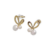 Bow Tie Design Pearl Gold Plated Earrings Silver Post | Heartfullnet