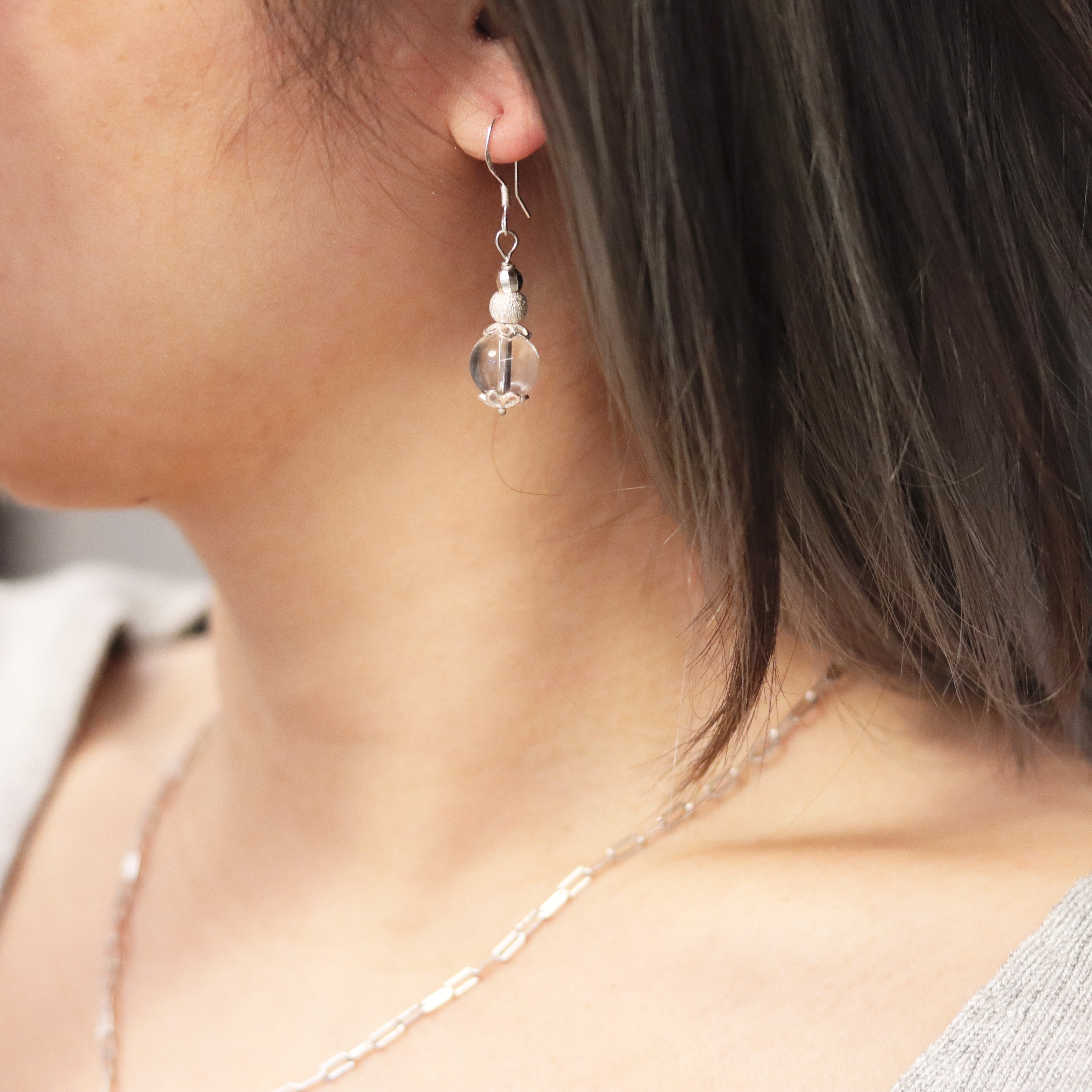 Purity Rock Crystal Sterling Silver Flower Cap Spacer Beads Hook Earrings Handmade Jewelry | HeartfullNet