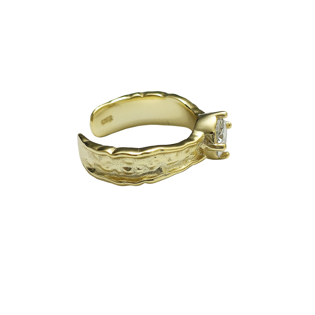 Regal Sterling Silver CZ Concave Ring Hammered Texture Gold Color Adjustable Band | HeartfullNet