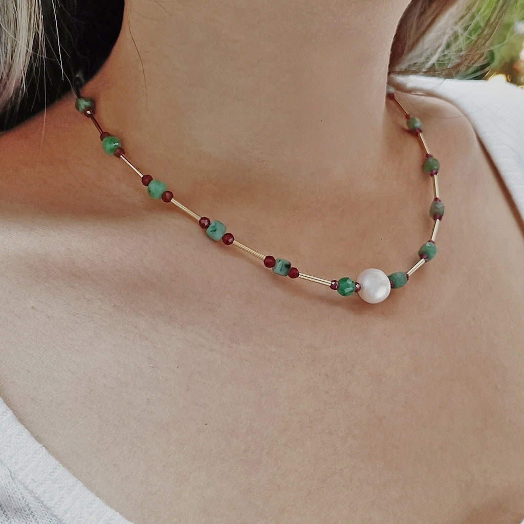 Tourmaline Beryl Freshwater Pearl Necklace Handmade Jewelry | HeartfullNet