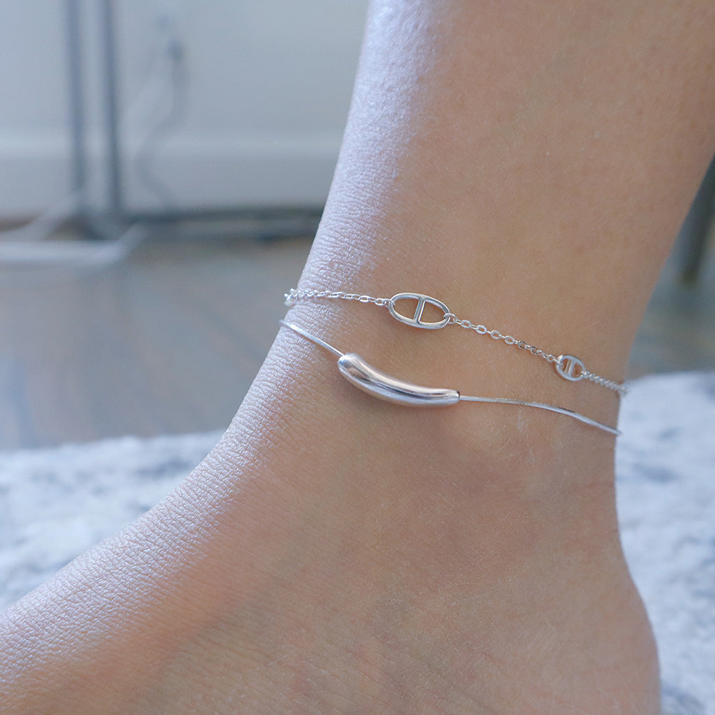Sterling Silver Snake Chain Cucumber-Shaped Bead Anklet | HeartfullNet