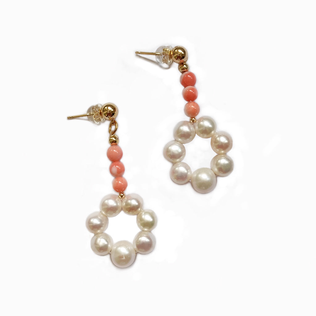 Pearl Loop Coral Dangle Earrings Handmade Jewelry | HeartfullNet