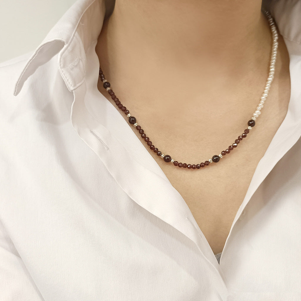 Freshwater Pearl Garnet Gemstone Sterling Silver Necklace Handmade Ladies Jewelry | HeartfullNet