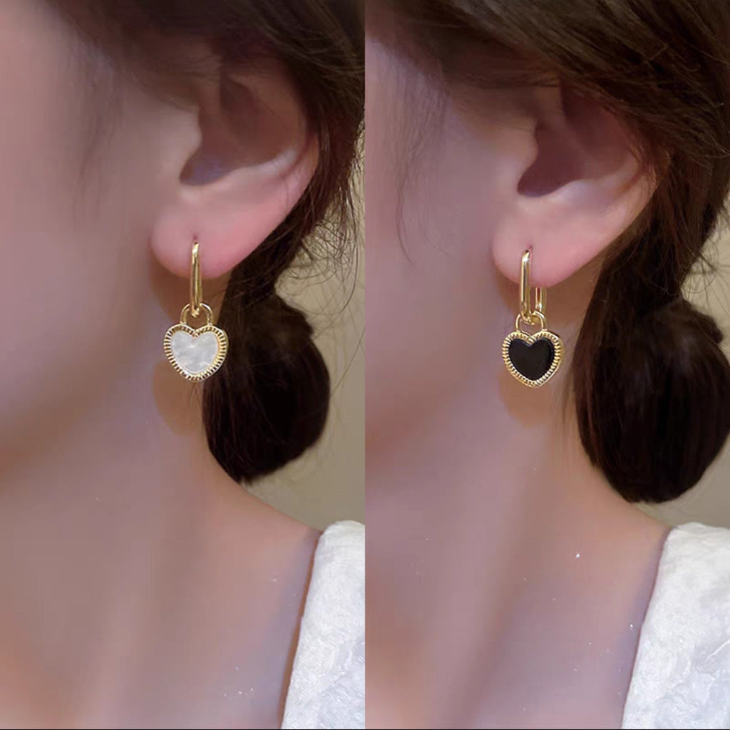 Double Sided Black and White Heart Shape Drop Huggie Earrings | HeartfullNet