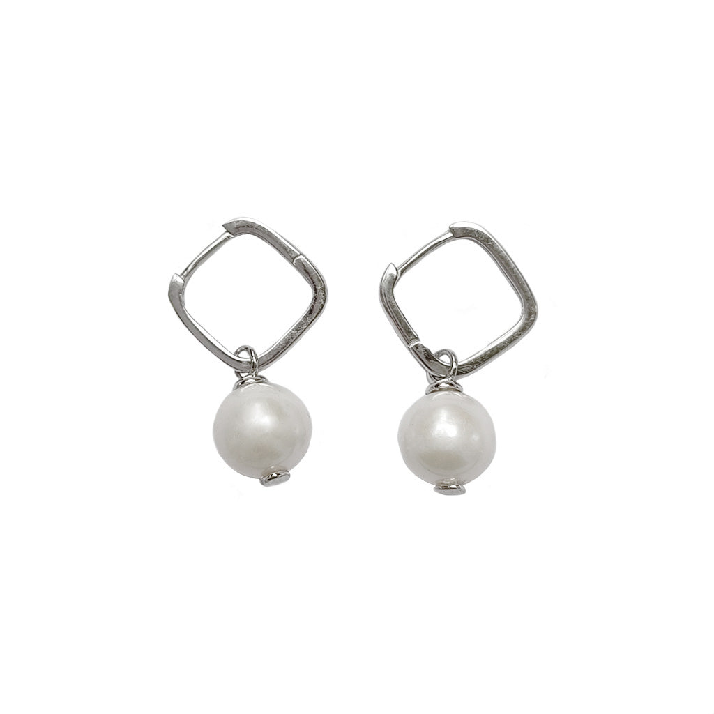 Elise - Pearl Silver Square Hoop Earrings