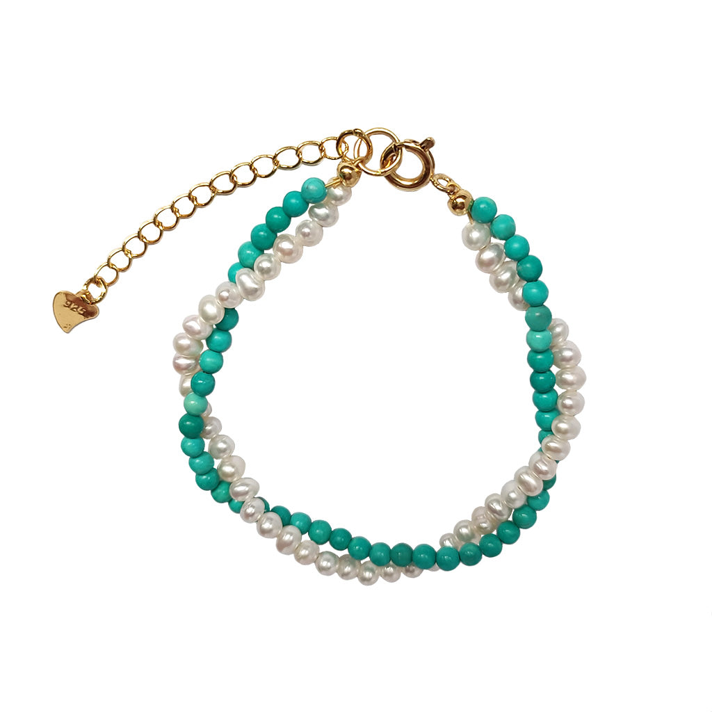 Freshwater Pearl Turquoise Crystal Gold Chain Double Bracelet  Handmade Jewelry | HeartfullNet
