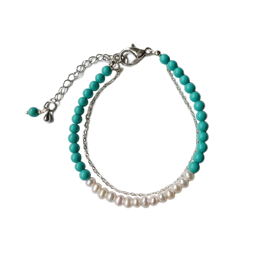 Freshwater Pearls Turquoise Crystal Silver Chain Double Bracelet Handcrafted Jewelry | HeartfullNet