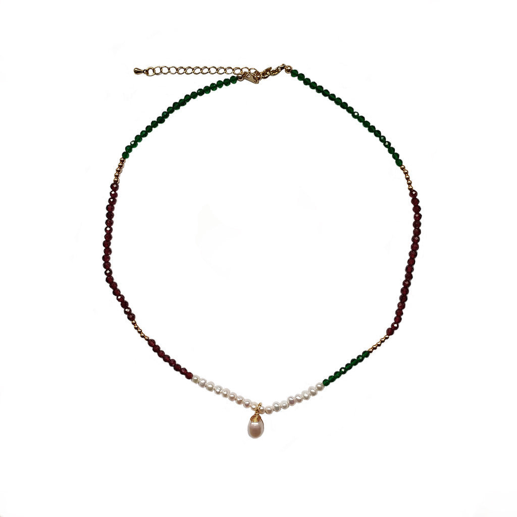Baroque Pearl Red Tourmaline Columbia Emerald 14K Gold Plated Necklace Handmade Jewelry | HeartfullNet