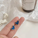 Heart Shape Blue Enamel Stud Earrings Sterling Silver Post  | HeartfullNet