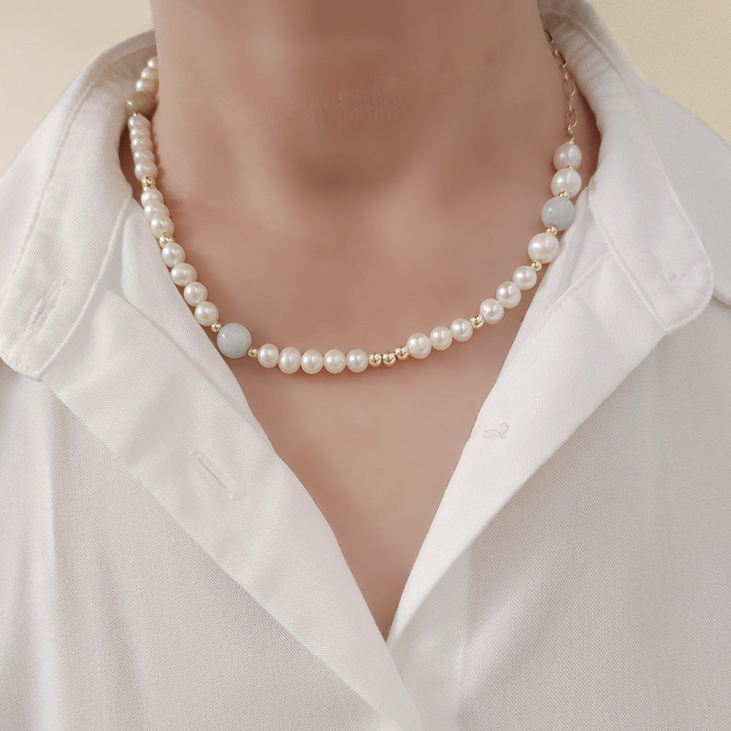 Freshwater Pearl Morganite Gemstone Necklace Handmade Ladies Jewelry | HeartfullNet