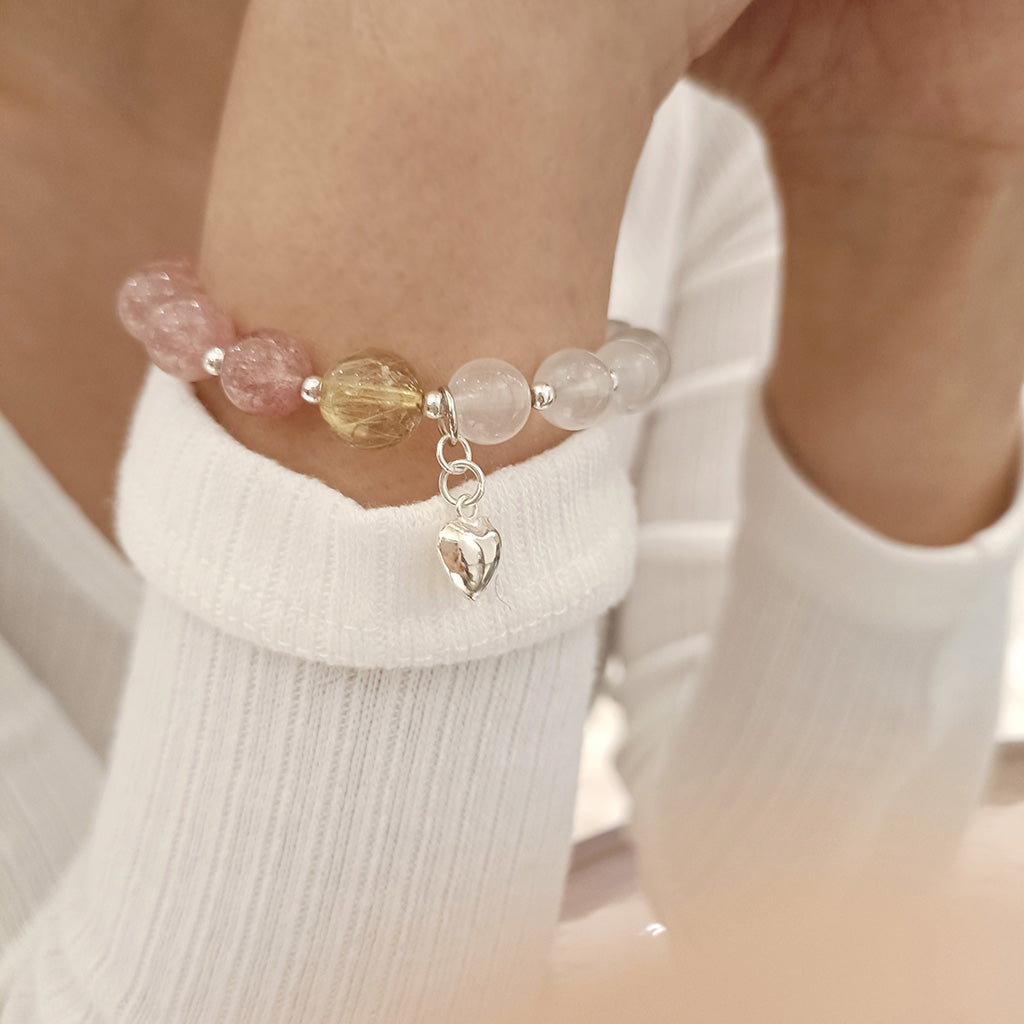 Strawberry Crystal Rutilated Quartz Gypsum Gemstone Bracelet with CZ Paved Charm Handmade Jewelry | HeartfullNet