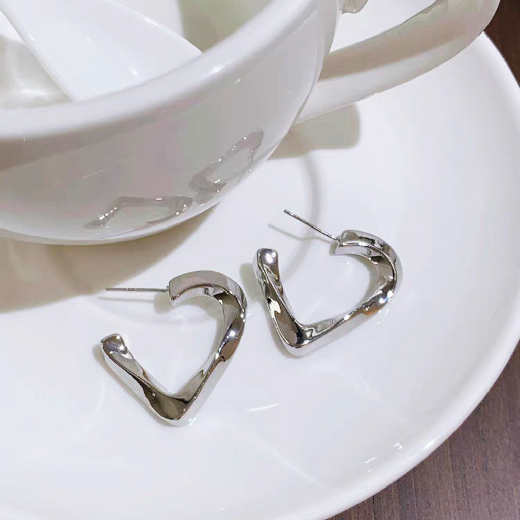 V-Shape Silver Heart Hoop Earrings Sterling Silver Post | HeartfullNet
