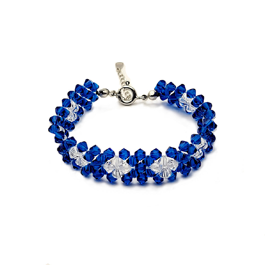 Two-Toned Clear and Blue Crystal Beads Bracelet Sterling Silver Spring Ring Clasp. Handcrafted Ladies Bracelet | Heartfullnet
