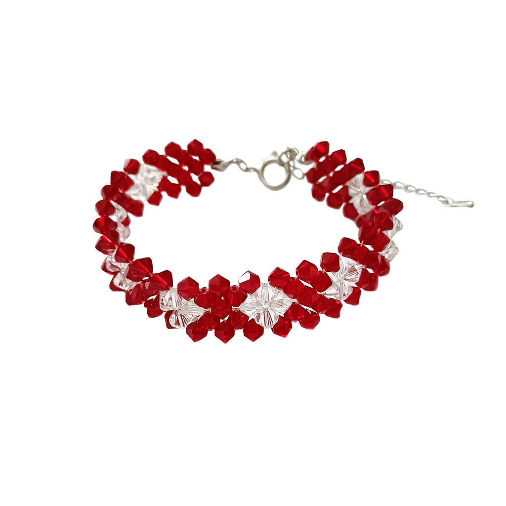 Two-Toned Clear and Red Crystal Beads Bracelet Sterling Silver Spring Ring Clasp. Handcrafted Ladies Bracelet | Heartfullnet